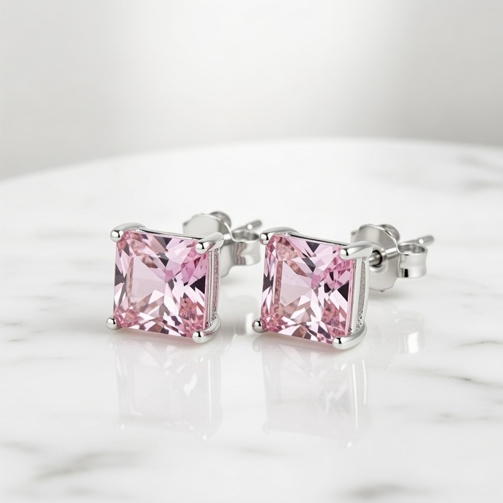 Pink Cubic Zirconia Rhodium Plated Sterling Silver Princess Cut Stud Earrings